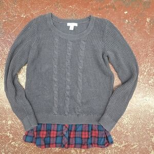 Motherhood Charcoal Sweater with Plaid Trim